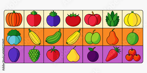 A colorful, neatly organized grid of fruits and vegetables arranged by color gradient from red to purple. Each row displays a variety of fresh produce like tomatoes, carrots, bananas, apples, grapes, 