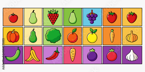 A colorful, neatly organized grid of fruits and vegetables arranged by color gradient from red to purple. Each row displays a variety of fresh produce like tomatoes, carrots, bananas, apples, grapes, 