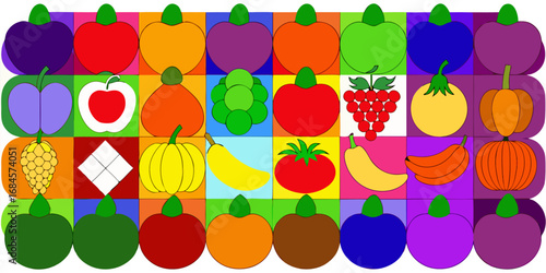 A colorful, neatly organized grid of fruits and vegetables arranged by color gradient from red to purple. Each row displays a variety of fresh produce like tomatoes, carrots, bananas, apples, grapes, 