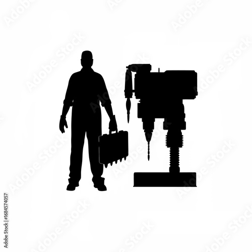 Silhouette of a machinist with a toolbox next to a cnc lathe