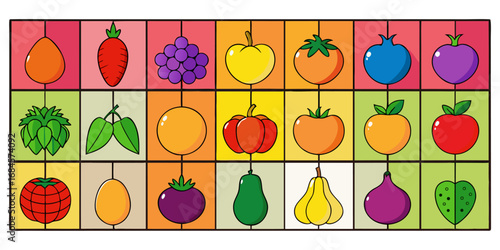 A colorful, neatly organized grid of fruits and vegetables arranged by color gradient from red to purple. Each row displays a variety of fresh produce like tomatoes, carrots, bananas, apples, grapes, 