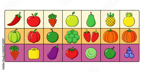 A colorful, neatly organized grid of fruits and vegetables arranged by color gradient from red to purple. Each row displays a variety of fresh produce like tomatoes, carrots, bananas, apples, grapes, 