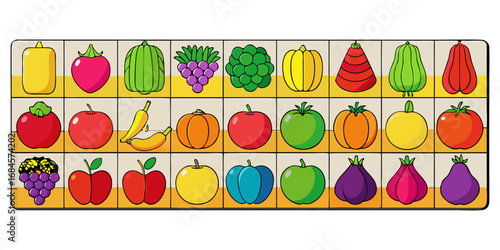 A colorful, neatly organized grid of fruits and vegetables arranged by color gradient from red to purple. Each row displays a variety of fresh produce like tomatoes, carrots, bananas, apples, grapes, 