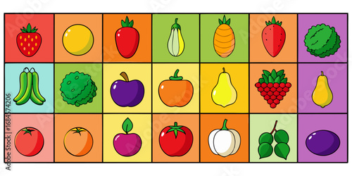 A colorful, neatly organized grid of fruits and vegetables arranged by color gradient from red to purple. Each row displays a variety of fresh produce like tomatoes, carrots, bananas, apples, grapes, 