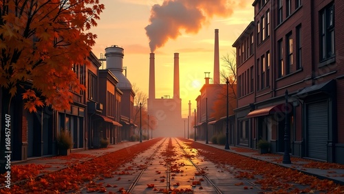 Fototapeta Naklejka Na Ścianę i Meble -  Autumn industrial city with factory buildings, streets blanketed in fallen leaves, smoke stacks rising, warm sunset casting orange light, silhouettes of machinery