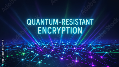 Quantum-Resistant Encryption: Futuristic and cutting-edge, the image visualizes the abstract concept of secure quantum-resistant encryption using illuminated text.