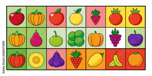 A colorful, neatly organized grid of fruits and vegetables arranged by color gradient from red to purple. Each row displays a variety of fresh produce like tomatoes, carrots, bananas, apples, grapes, 