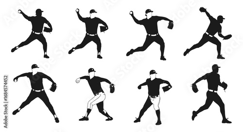 baseball players in various pitching and throwing actions