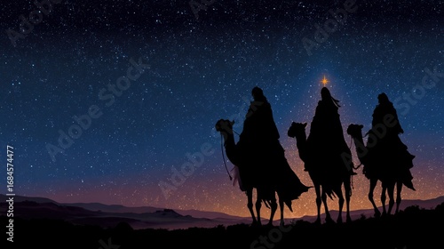 Three Kings on Camels Silhouetted Against a Vast, Starry Twilight Sky