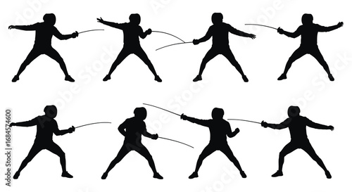 fencers in various dynamic poses demonstrating combat techniques