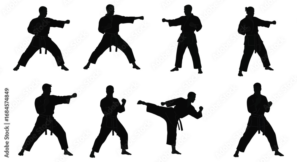 Fototapeta premium martial arts silhouettes showing various fighting stances and techniques