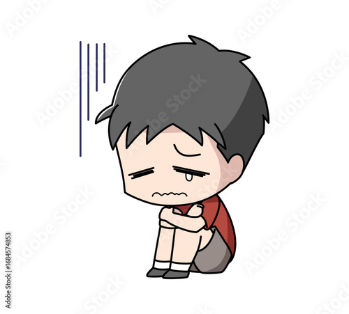 体育座りで落ち込む男子のイラスト