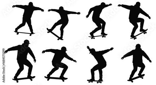 skateboarder silhouettes performing various tricks and movements