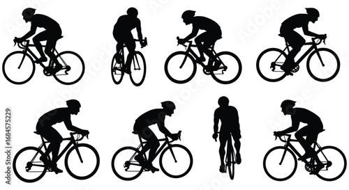 cyclists in various riding positions captured in silhouette form