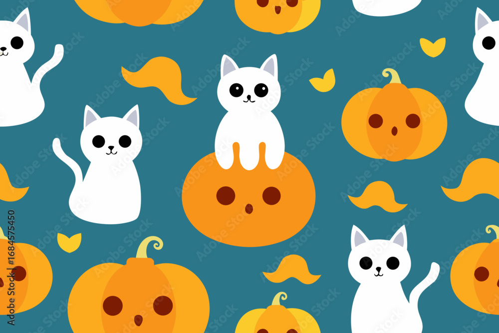 Fototapeta premium Cute white cats and pumpkins seamless pattern for halloween