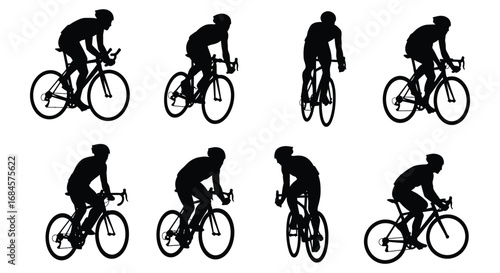 cyclists in various stages of a race depicted in silhouette