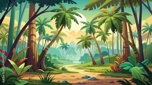 A vibrant illustration of a tropical paradise with palm trees on a sandy beach next to the blue ocean waves
