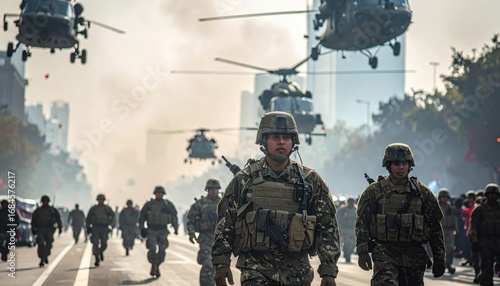 Military parade in Mexico City, soldiers marching with precision and helicopters flying overhead.