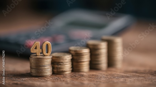 Number 40 on stacked coins with calculator as financial concept