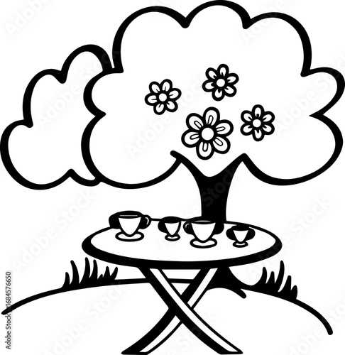 SVG illustration of coffee with summer flowers.Abstract black silhouette of a person in yoga pose