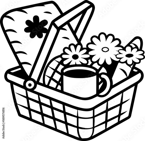 SVG illustration of coffee with summer flowers.Black silhouette of cat sitting on a windowsill at sunset