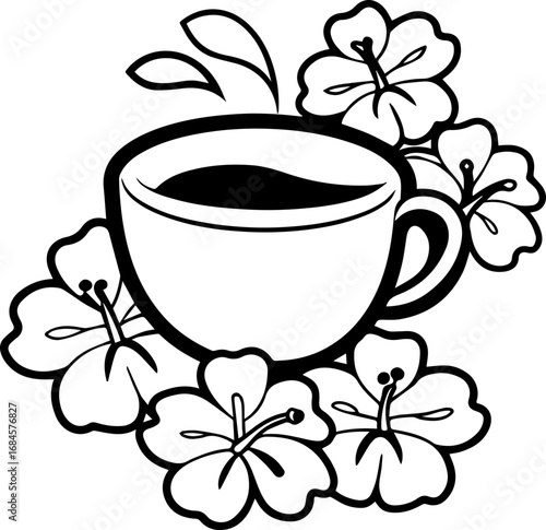 SVG illustration of coffee with summer flowers.Black silhouette of a dancing ballerina in graceful pose