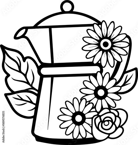 SVG illustration of coffee with summer flowers.Minimalist Black Silhouette of a Person in Meditation Pose