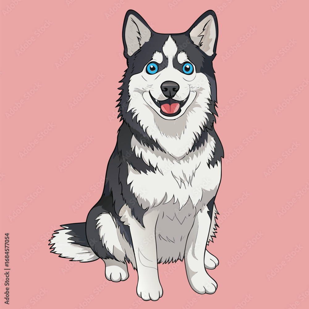 Fototapeta premium Cartoon husky dog sitting with blue eyes and pink background