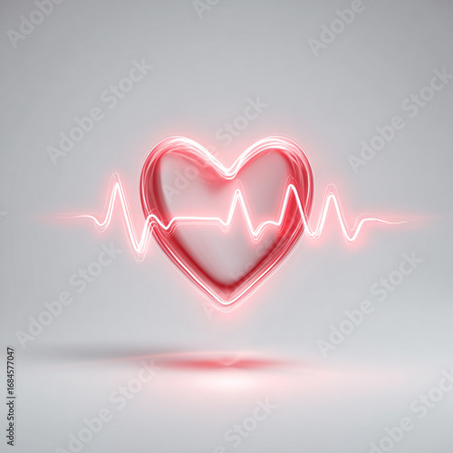 Glowing neon red heart with heartbeat line, futuristic medical and wellness symbol for cardiology, health awareness, vitality, and modern healthcare design