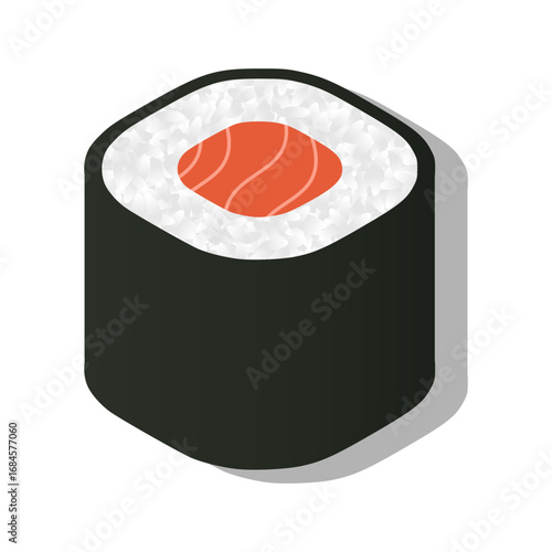 Japanese sushi salmon vector illustration. Minimal flat icon of seafood sashimi and maki roll with rice and seaweed