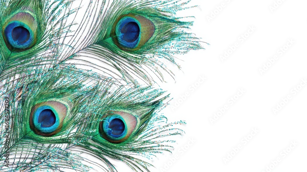 Obraz premium Peacock Feather Border. Beautiful Shiny Feathers on White Banner with Copy Space