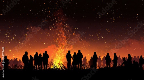 People Around Bonfire. Silhouettes at Sunset Gathering Around Large Fire with Sparkling Sky