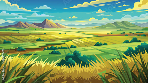 Green rice fields and lush mountains under a vibrant sky in a peaceful Thai landscape