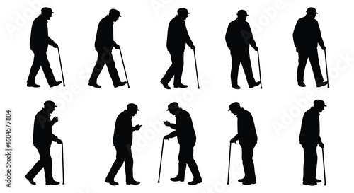 a series of silhouettes showing elderly man walking with cane