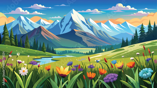 A breathtaking alpine meadow full of colorful spring flowers, with a panoramic view of the mountains under a beautiful sky