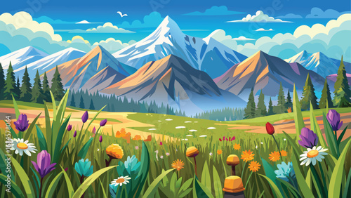 A vibrant spring landscape with a green meadow of flowers, a blue sky, and a view of distant mountains