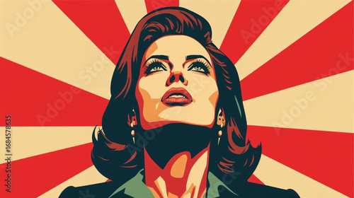 Retro style woman looking up vector art in bold red yellow cream palette, Ai generate 