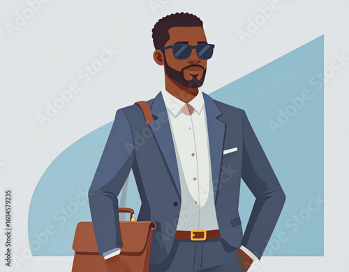 Vector character of a cool businessman with briefcase and sunglasses, sharp fla
