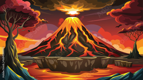 Burning campfire in a mountain landscape with a fiery sunset over a snow-capped peak