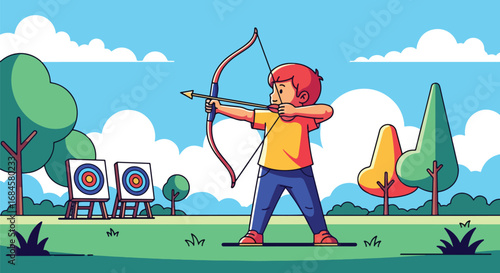 Adobe illustrator artwork vector illustration. Two happy children practicing archery outdoors, aiming for the target with bows and arrows. Ideal for themes of hobbies, skills, concentration, and sport