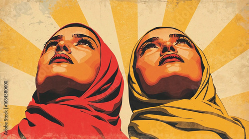 Retro style woman looking up vector art in bold red yellow cream palette, Ai generate 