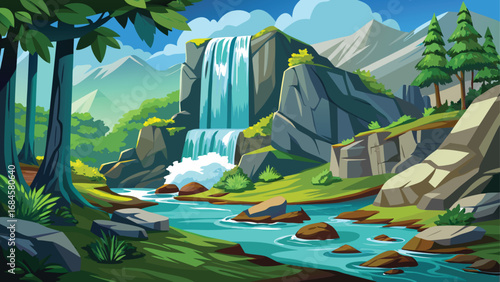 Green nature landscape with trees, a pond, and mountains under a summer sky