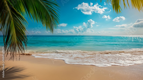 Wallpaper Mural A serene beach scene with clear blue waters, white sand, and palm fronds creating a tropical paradise. Torontodigital.ca