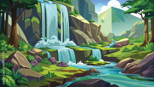 A lush green forest landscape with a cascading waterfall reflecting the summer sky over a tranquil river