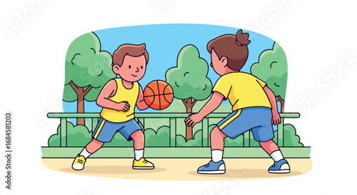 Adobe illustrator artwork vector illustration. Two diverse children playing a competitive game of basketball outdoors, dribbling and defending on a court. Perfect for themes of teamwork and sports
