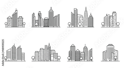 city skyline illustrations showing various architectural designs and buildings