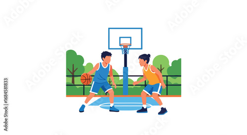 Adobe illustrator artwork vector illustration. Two diverse children playing a competitive game of basketball outdoors, dribbling and defending on a court. Perfect for themes of teamwork and sports