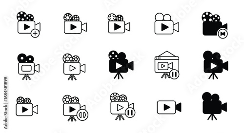collection of various movie cameras icons arranged neatly