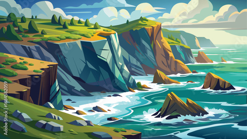 Vector travel illustration of a tropical island with palm trees on a sandy beach and a mountain landscape against a blue summer sky and a calm ocean