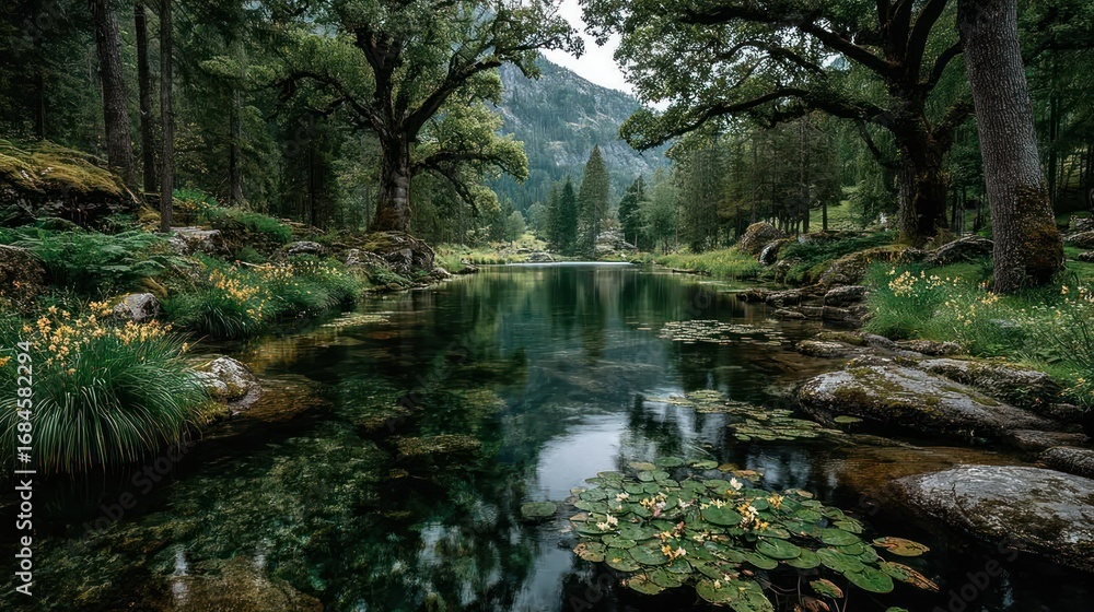 Obraz premium A lake surrounded by lush greenery and reflection